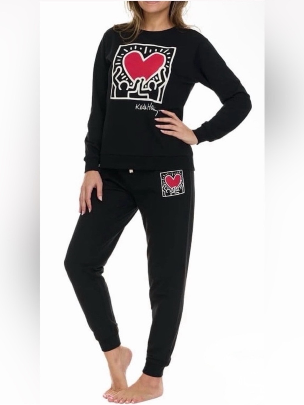 Keith Haring Black Sweatshirt & Jogger Set with Red Heart Graphic small